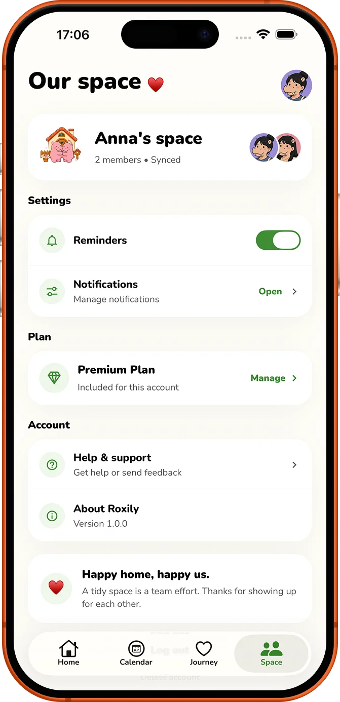 Roxily shared space settings screen
